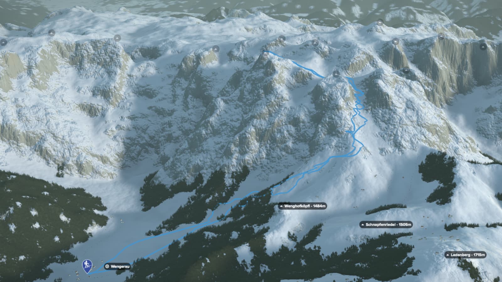 3D-Kartenausschnitt der Skitour auf den Eiskogel (2.321 m) von Wengerau aus