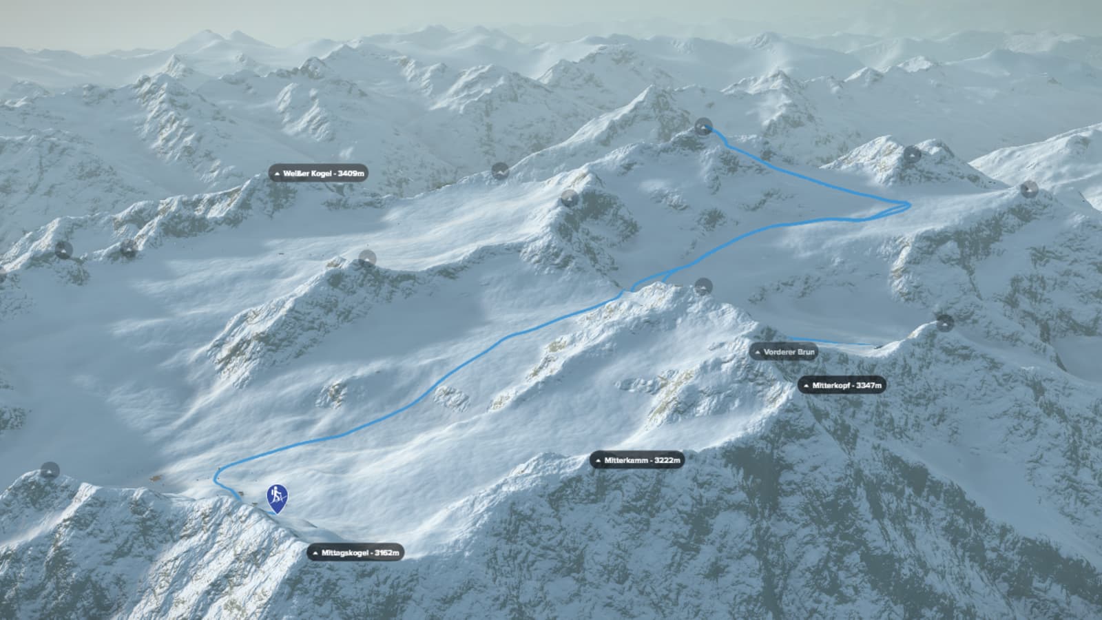 3D-Kartenausschnitt der Skihochtour auf die Wildspitze