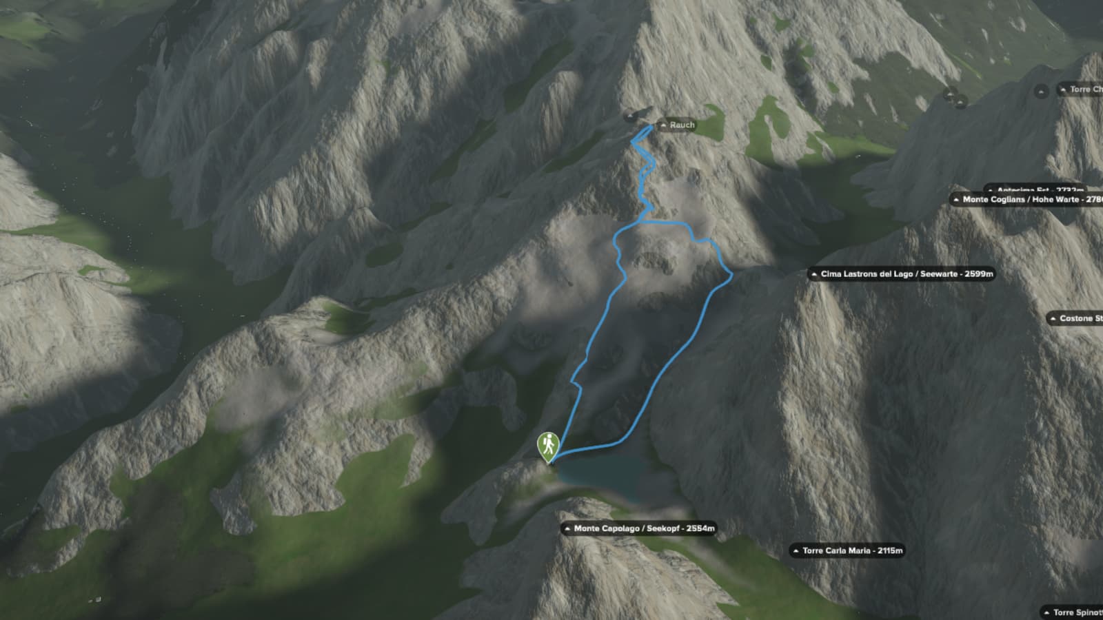 3D-Kartenausschnitt der Wasserwanderung Wolayerseehütte - Rauchkofel