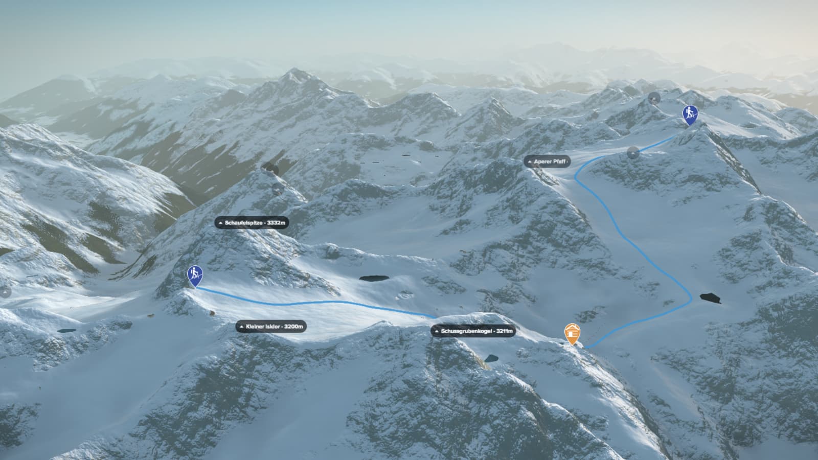 3D-Kartenausschnitt der Skihochtour auf das Zuckerhütl