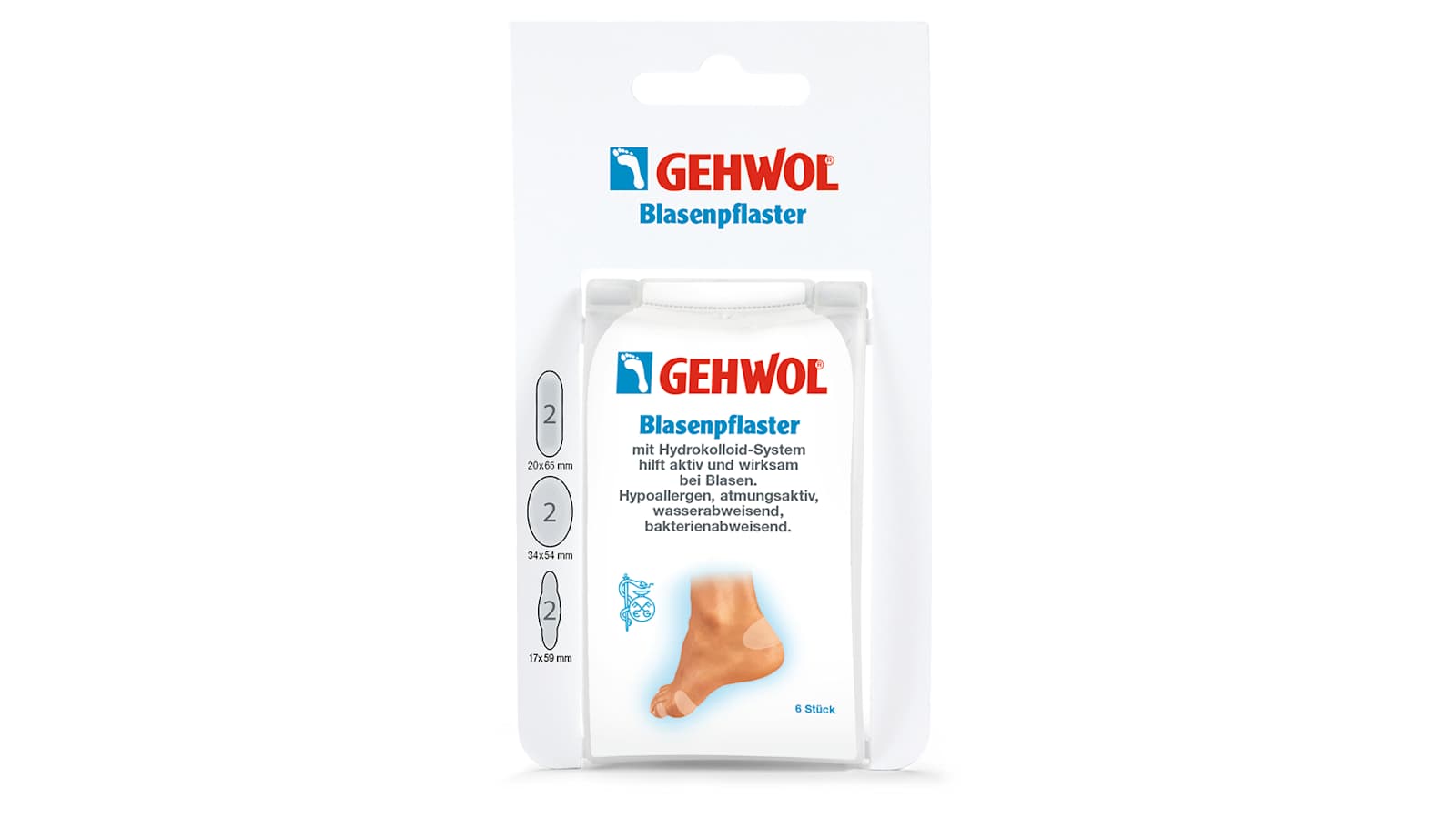 Die Schutzpflaster von Gehwol sind in drei Varianten verfügbar: oval für die Ferse, zylindrisch für die Ballen und rund mit Umschlagflügeln für die Zehen.