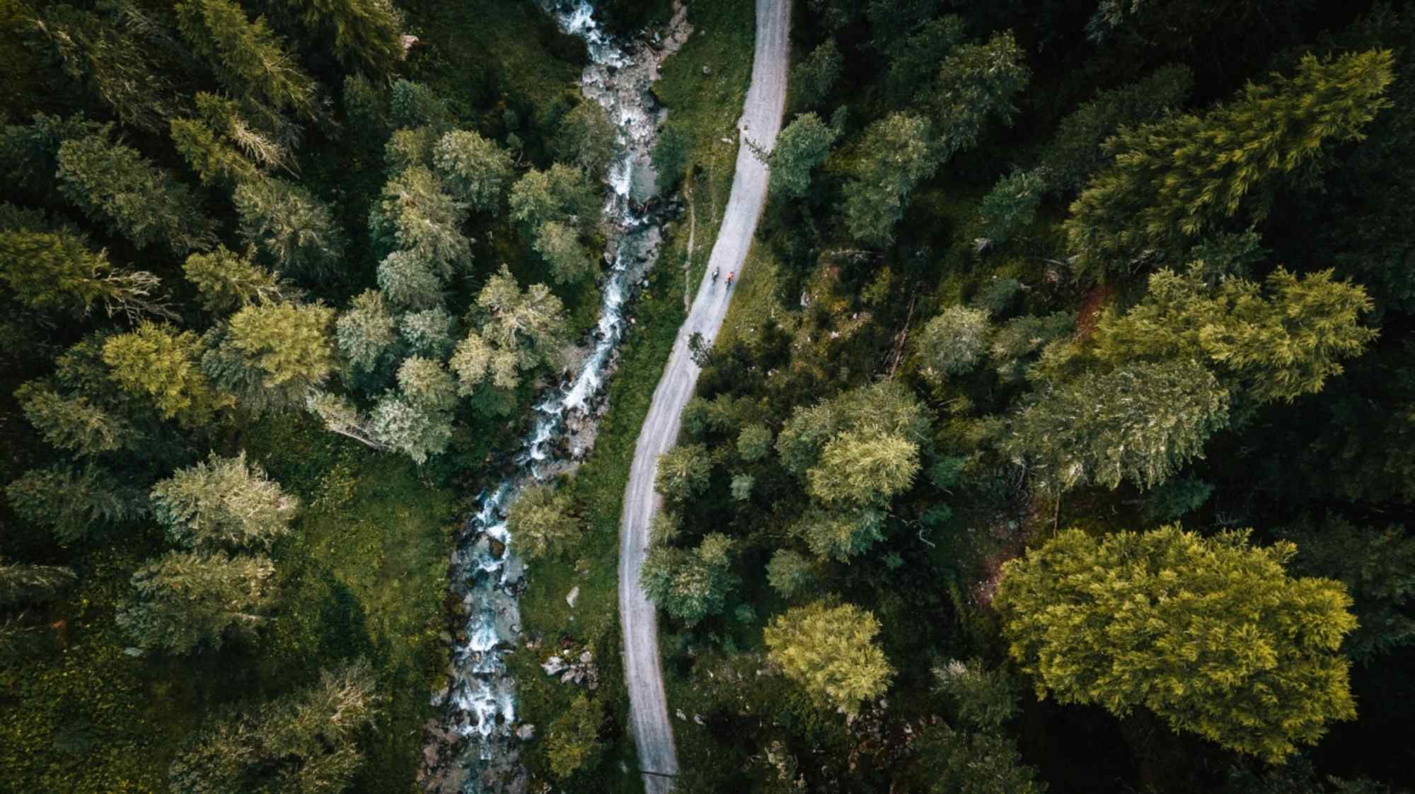 Links der Fluss Clemgia, rechts die feine Schotterstrasse