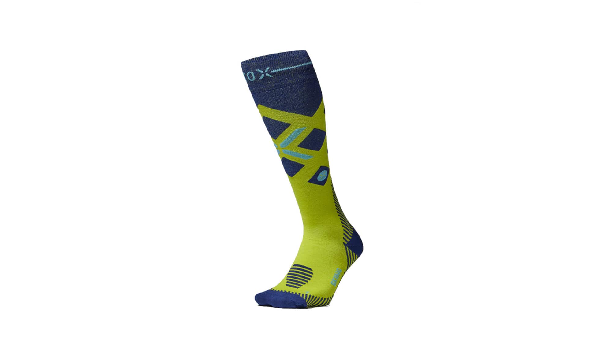 Die Merino Skiing Socks Men von Stox in der Farbe gelb-blau.