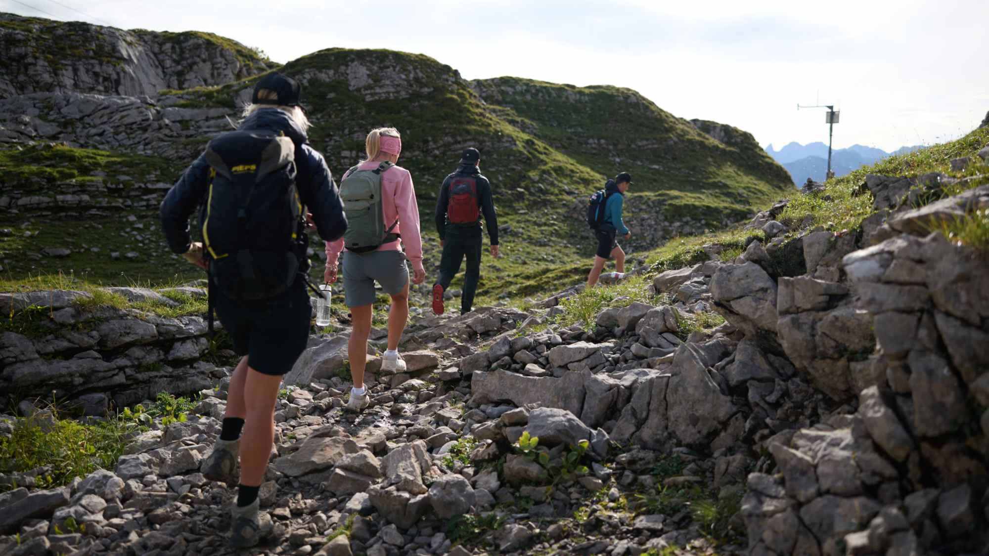 Vier Wanderer gehen einen Berg hinauf.