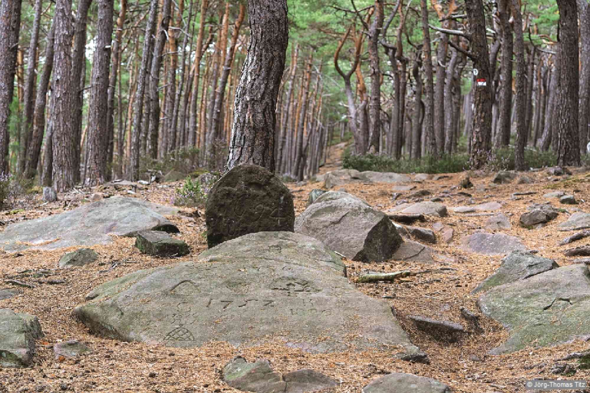 Von der Sängerklause leitet uns der rot-weiße Strich rechts zu einem Sandstein, in den Jahreszahlen und andere Zeichen eingemeißelt sind, und zum Heide-Stühler-Platz.