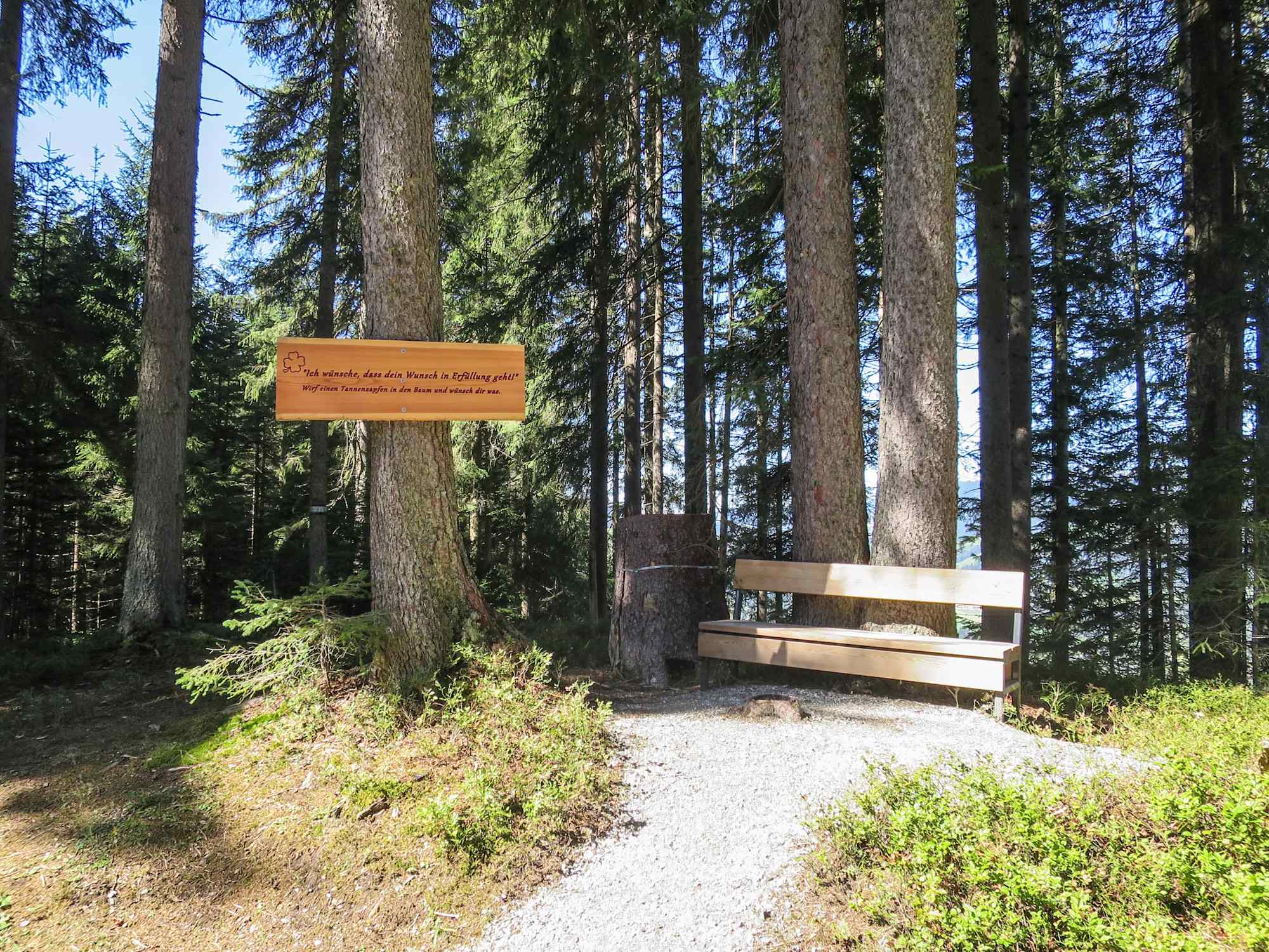 Schattige Rastbank am Weg der guten Wünsche
