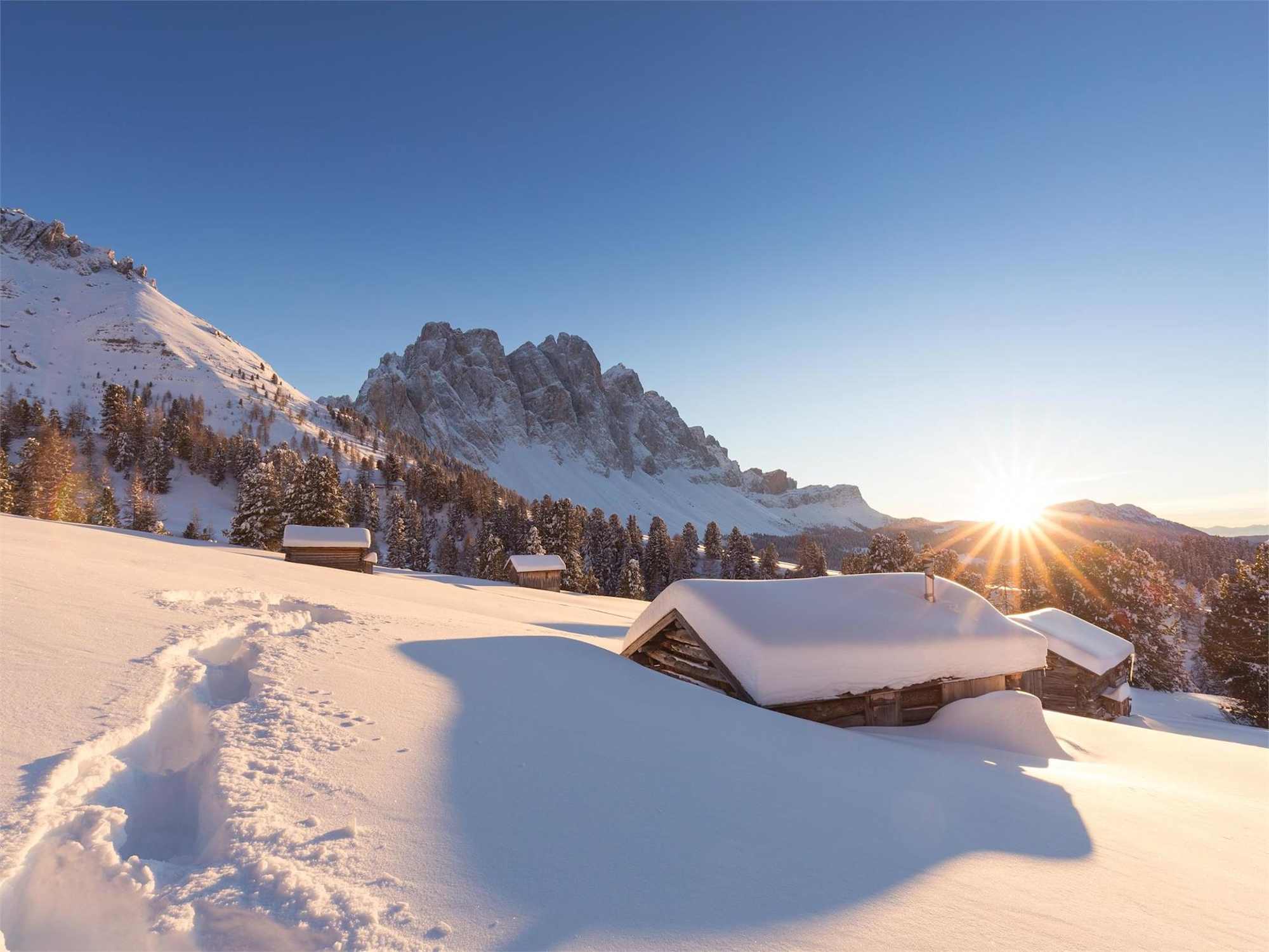 Wintersonne auf den Gampenwiesen mit Blick auf die Geislerspitzen