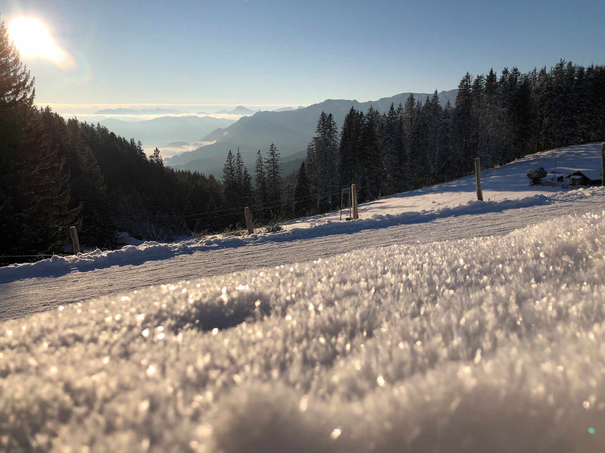 Glitzernder Schnee und schöne Aussicht am Blomberg.