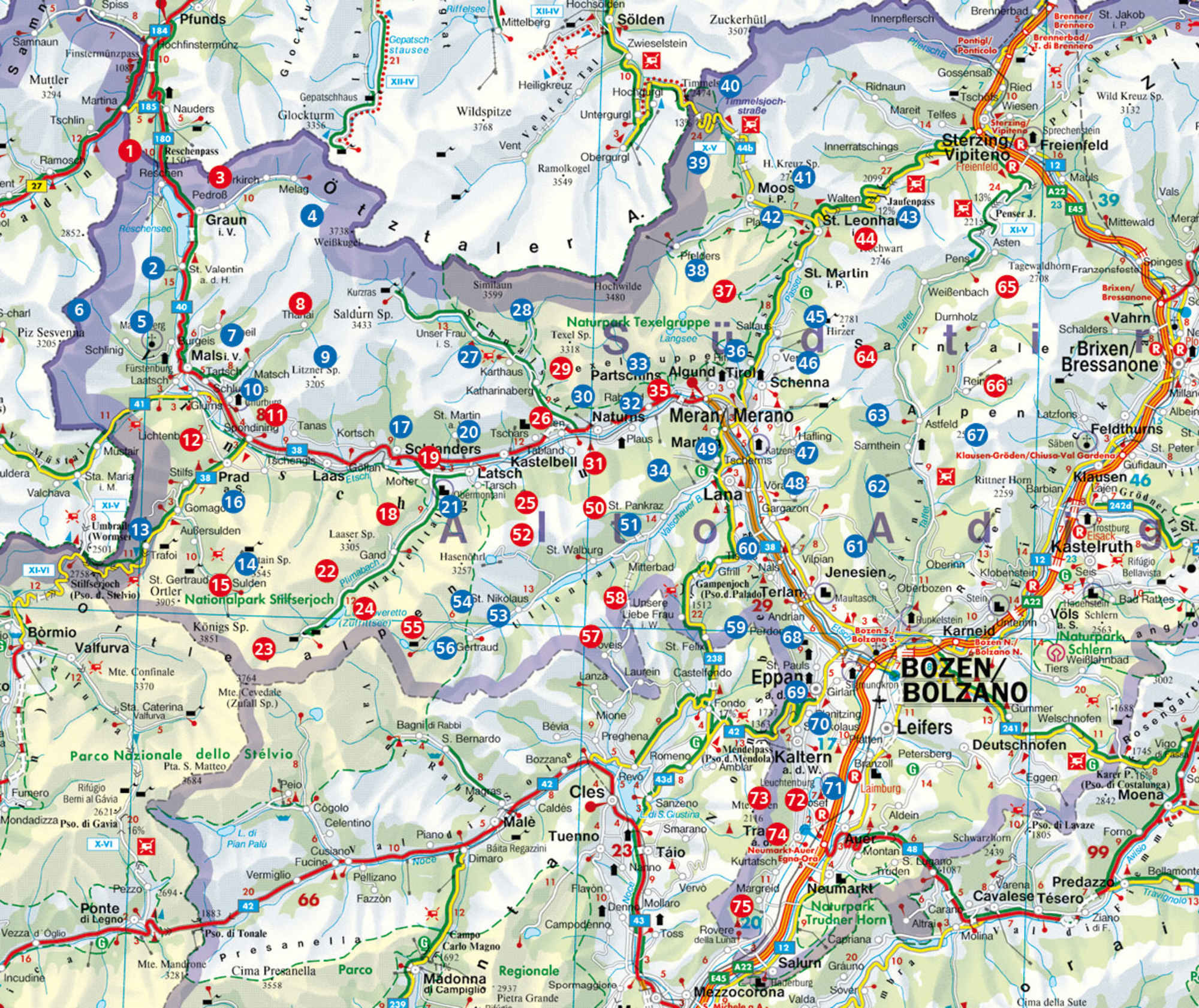 Tourenübersichtskarte im Rother Wanderbuch "Leichte Wanderungen Südtirol - Vinschgau, Meraner und Bozner Land" von Mark Zahel.