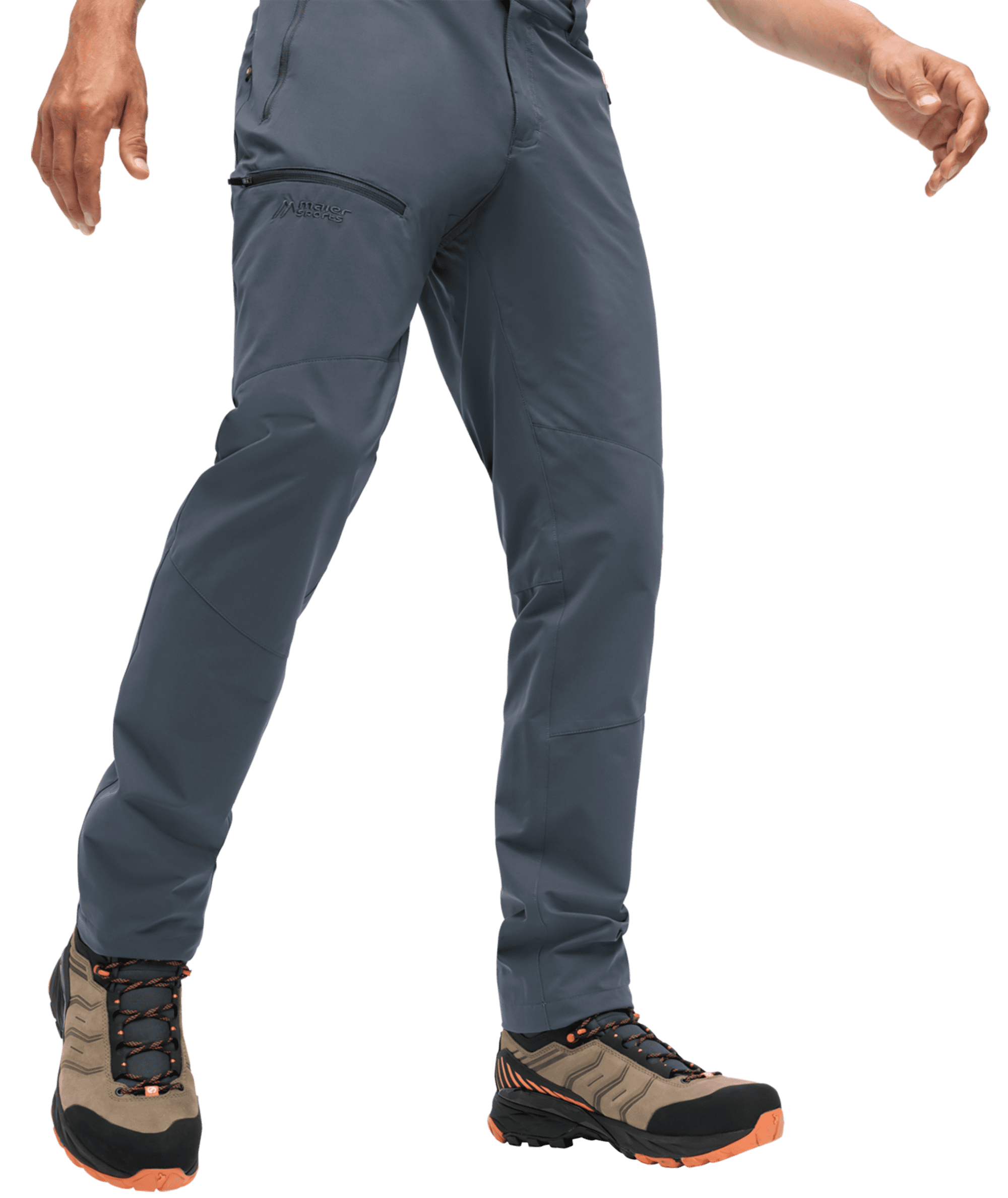 Graue Maier Sports Wanderhose mit modernem Schnitt und robusten Wanderschuhen, ideal für Outdoor-Aktivitäten und Trekking.