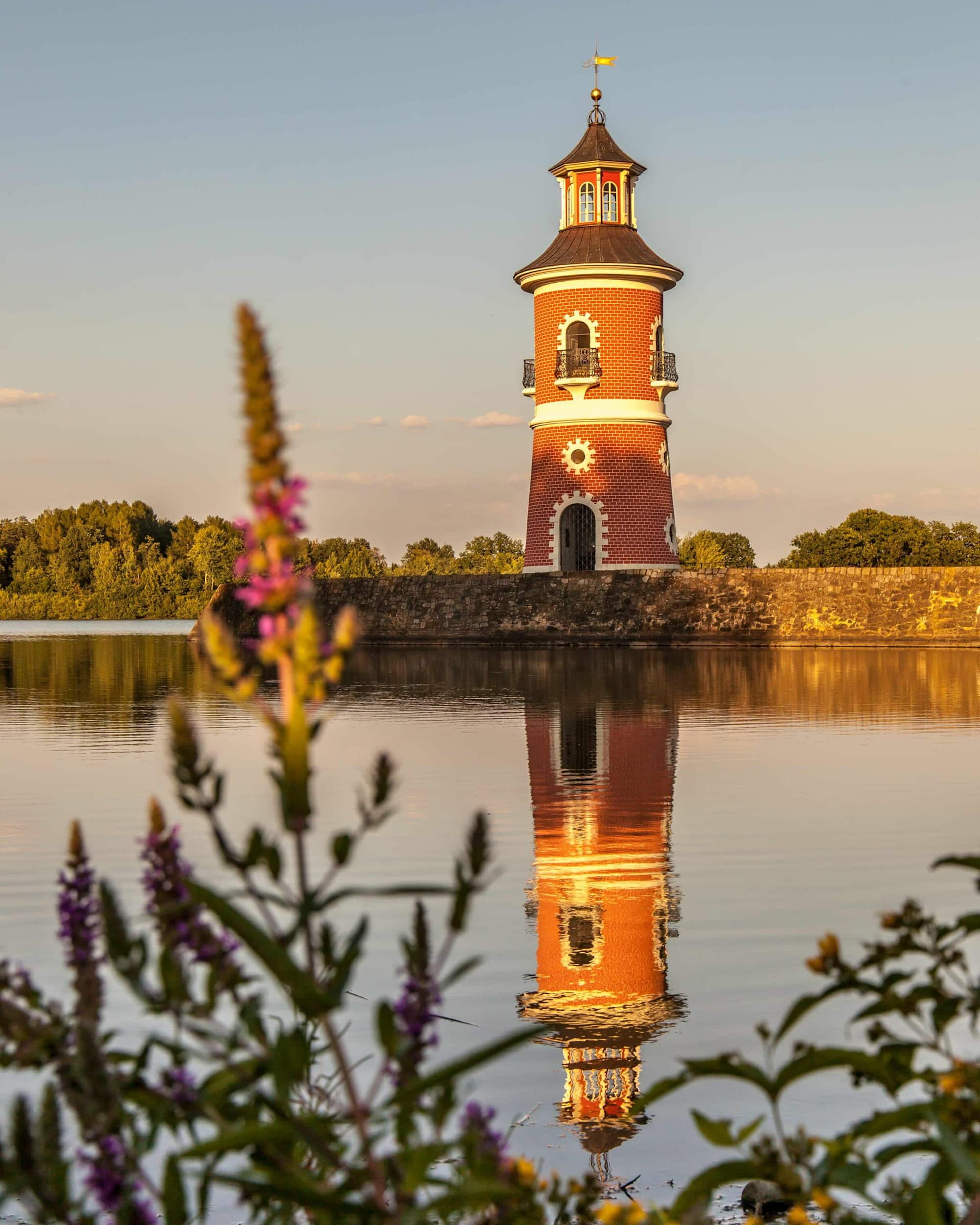 Der Leuchtturm Moritzburg in der Abendsonne