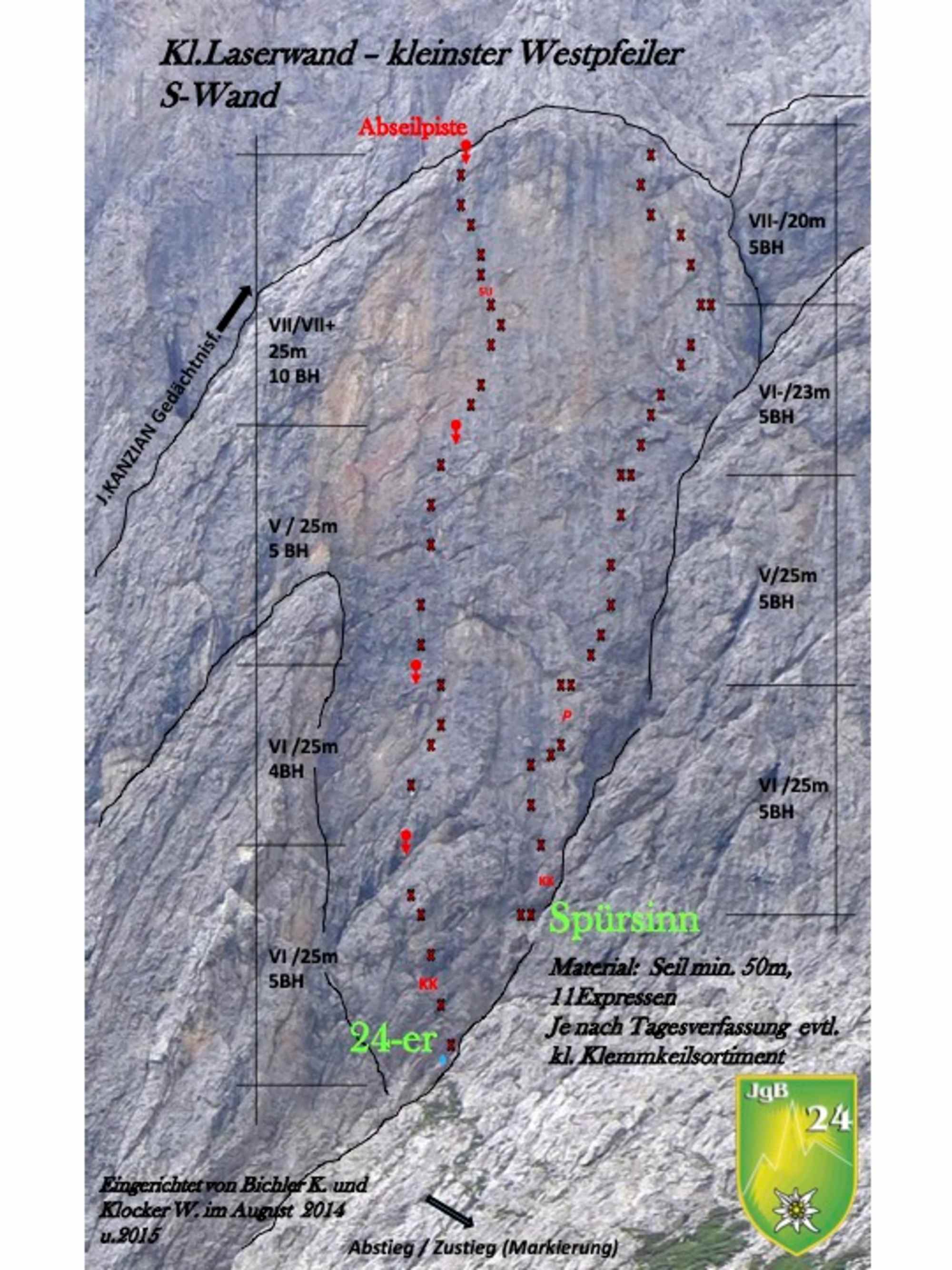Topo Touren „24er“ und „Spürsinn“ an der Südwand der Kleinen Laserzwand