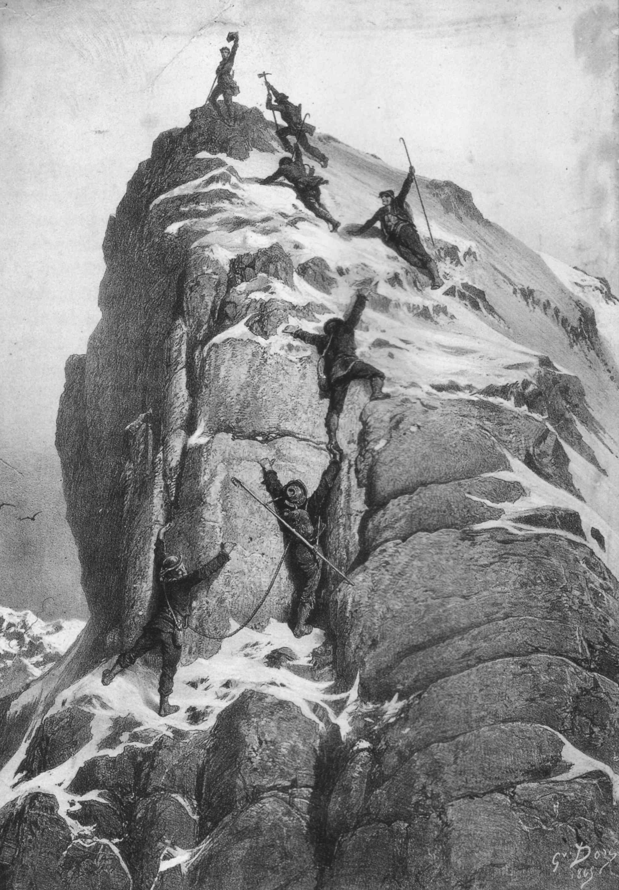 Die Erstbesteigung des Matterhorns, Darstellung von Gustave Doré, 1865