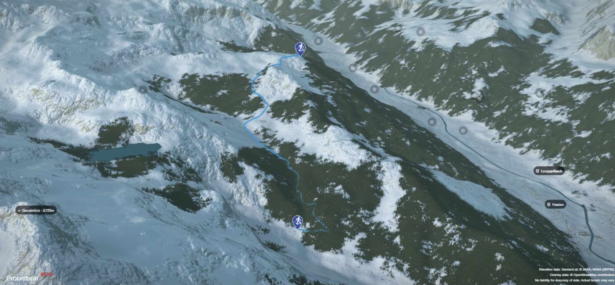3-D-Ansicht der Schneeschuhwanderung von Chis aufs Rüfihorn