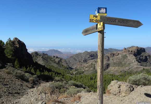 Wegweiser am Pass Las Palomas, in der Ferne der Chira-See, Gran Canaria.