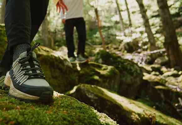 Der Wild Hike Wanderschuh von Jack Wolfskin auf bemoostem Stein in Wald.
