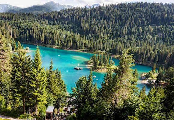 Ein See umgebene von Wäldern.