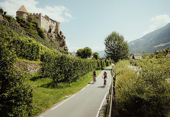 Zwei Frauen fahren mit dem Fahrrad im Frühling durch die grünen Wälder von Südtirol.