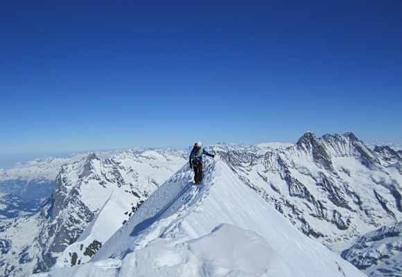 Simon Messner beim Bergsteigen am Gipfelgrat des Eiger