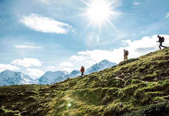 Wanderer auf weiten Almen mit Blick auf den Ortler