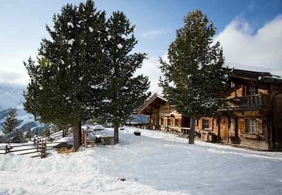 Die Grieralm im Winter mit den schönen alten Zirben.