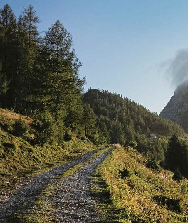Die Arlingalmen im Abendlicht, dahinter der Bosruck mit Wolkenmütze.