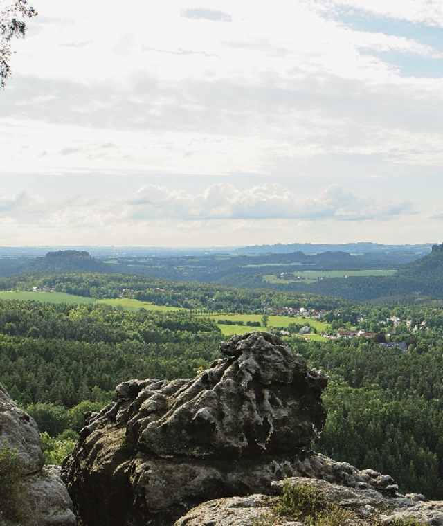 Blick vom Papststein zur Festung Königstein (li.) und Lilienstein (re.).
