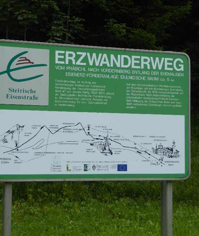 Unweit von der Bushaltestelle Präbichl Passhöhe stimmt uns eine Überblickstafel auf den Erzwanderweg entlang der ehemaligen Eisenerz-Förderanlage nach Vordernberg ein.