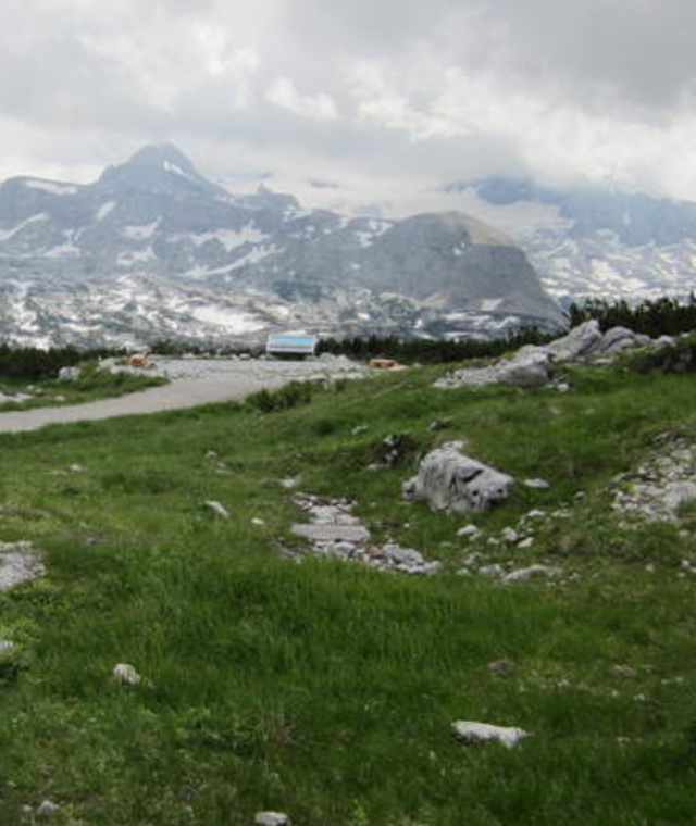 Schöne Aufnahme der Aussichtsplattfom Welterbeblick mit dem Dachstein im Hintergrund.