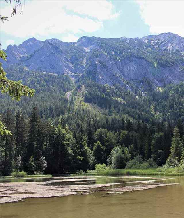Blick auf den See und die umliegenden Berge.