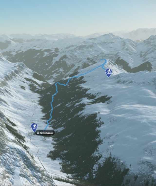 3-D-Ansicht der Schneeschuhwanderung Chamerstock ab Fisetenpass
