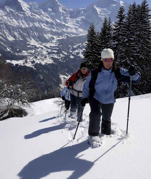 Schneeschuhspaß mit Männlichen, Tschuggen und Lauberhorn im Hintergrund