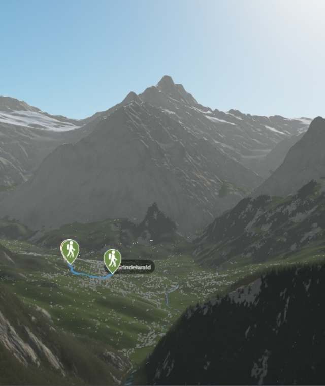 3-D-Ansicht der Wanderung zum Naturfreundehaus Grindelwald vom Bahnhof Grindelwald