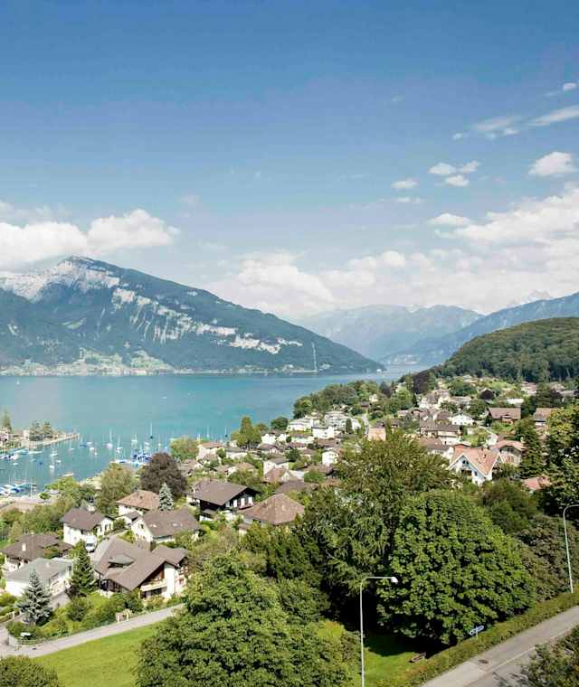 Die Bucht von Spiez mit dem Schloss Spiez. 