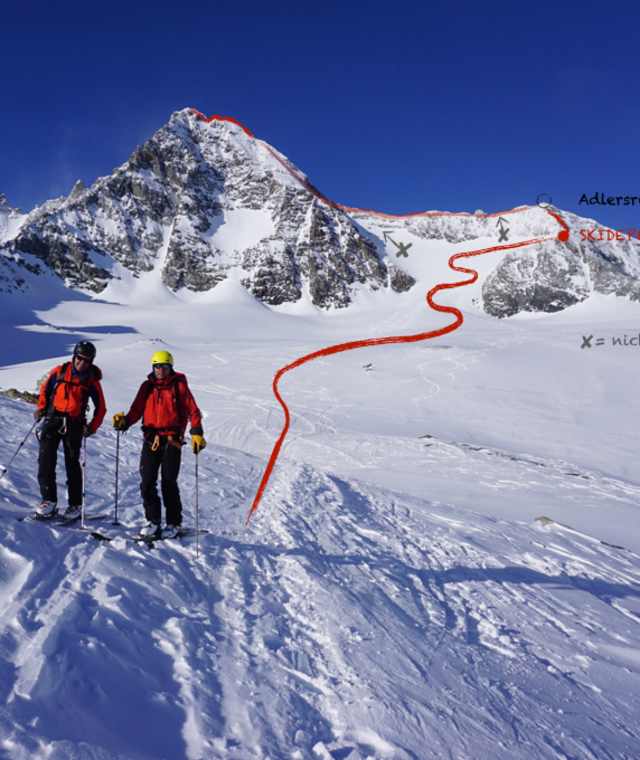 Der Großglockner mit der Adlersruhe: Über das Könitzkees geht es flach hinein, bis man einen steilen Hang überwindet und nach rechts zum Grat („Kampl“) hinausquert. Hier befindet sich das Skidepot und entlang des Klettersteiges (Stahlseil oft im Schnee) geht es zur Adlersruhe. Hinweis: Der direkte Aufstieg durch den ausgeaperten Felsriegel wird nicht empfohlen!