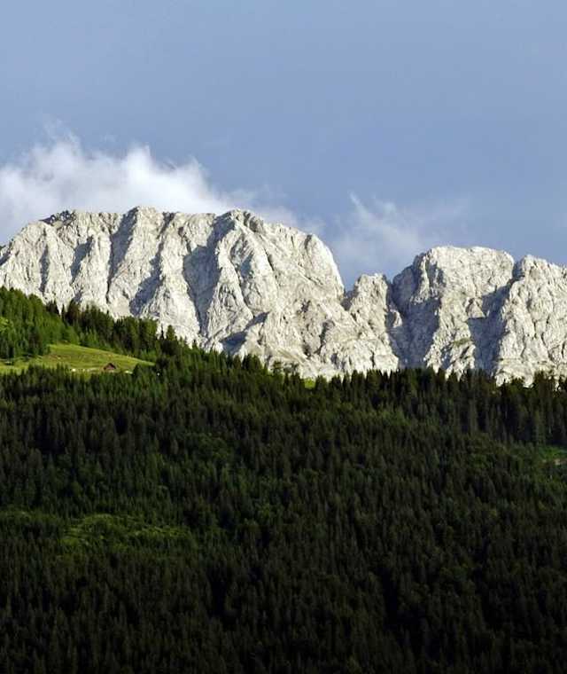 Hinter der Pließalm erhebt sich der mächtige Reißkofel.