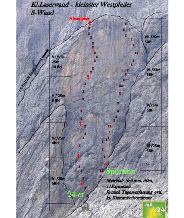 Topo Touren „24er“ und „Spürsinn“ an der Südwand der Kleinen Laserzwand