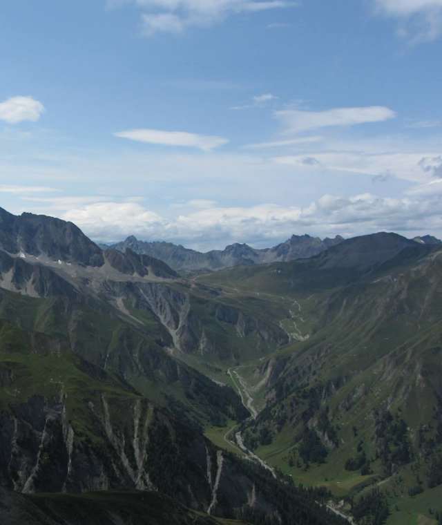 Piz Motnair, Aussicht auf Samnaun-Laret, Alp Bella, Zanderstal