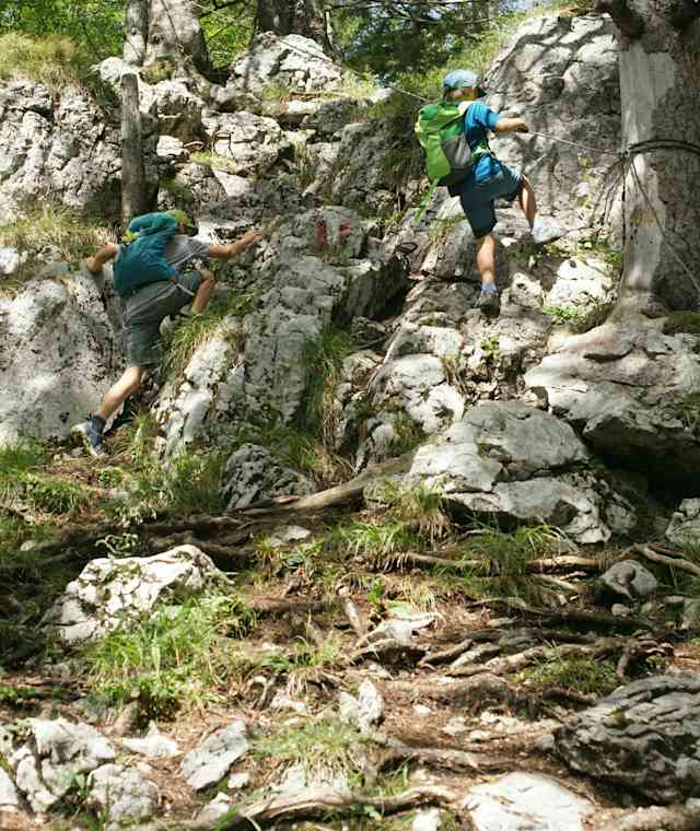 Der rot-weiß-roten Markierung folgend kraxeln die Kinder den Felsen empor. 