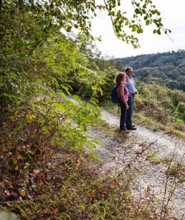 Ein Mann und eine Frau auf einem Feldweg, dahinter Landschaft