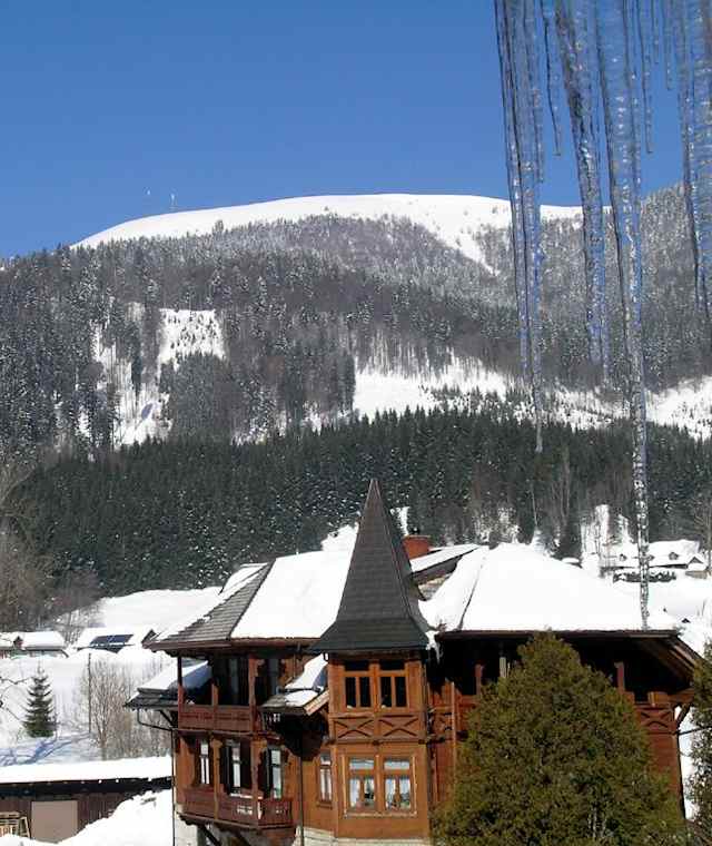 Wildalpe: Blick vom Freinerhof zur Wildalpe mit den beiden Sendemasten und rechts die Südostflanke