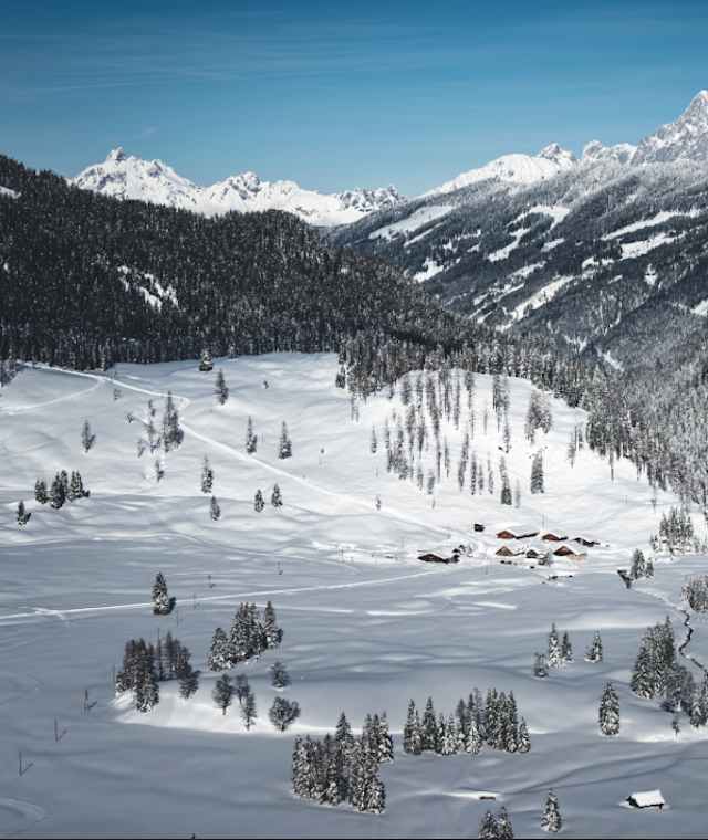 Auf der sonnigen Gnadenalm bei Obertauern wird Winterwandern zum wahren Genuss. 